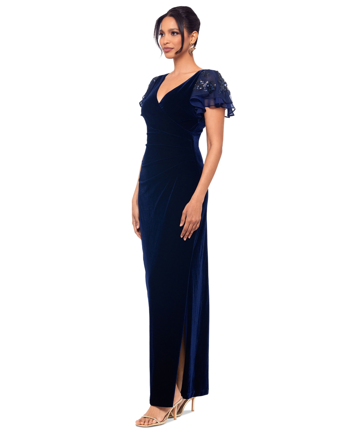 Betsy & Adam Petite Embellished Flutter-Sleeve Velvet Gown