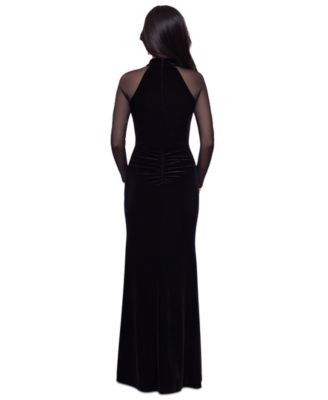 Petite Illusion-Sleeve Velvet Gown