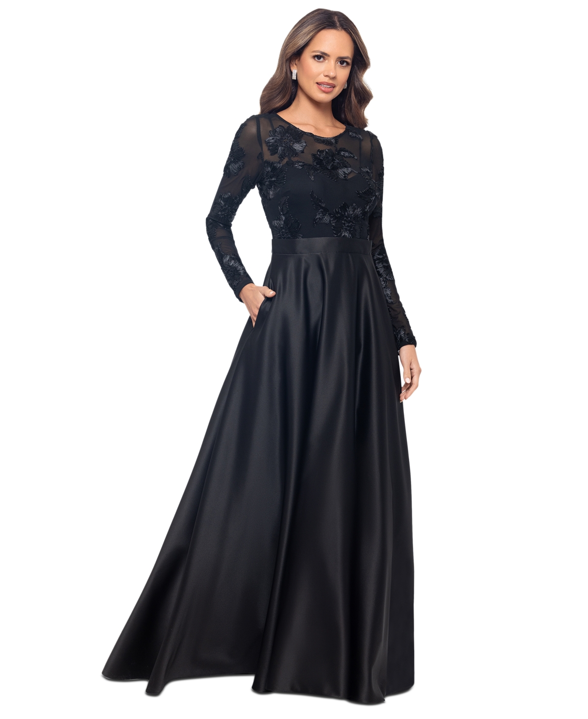 Betsy & Adam Petite Long-Sleeve Embellished Soutache Gown