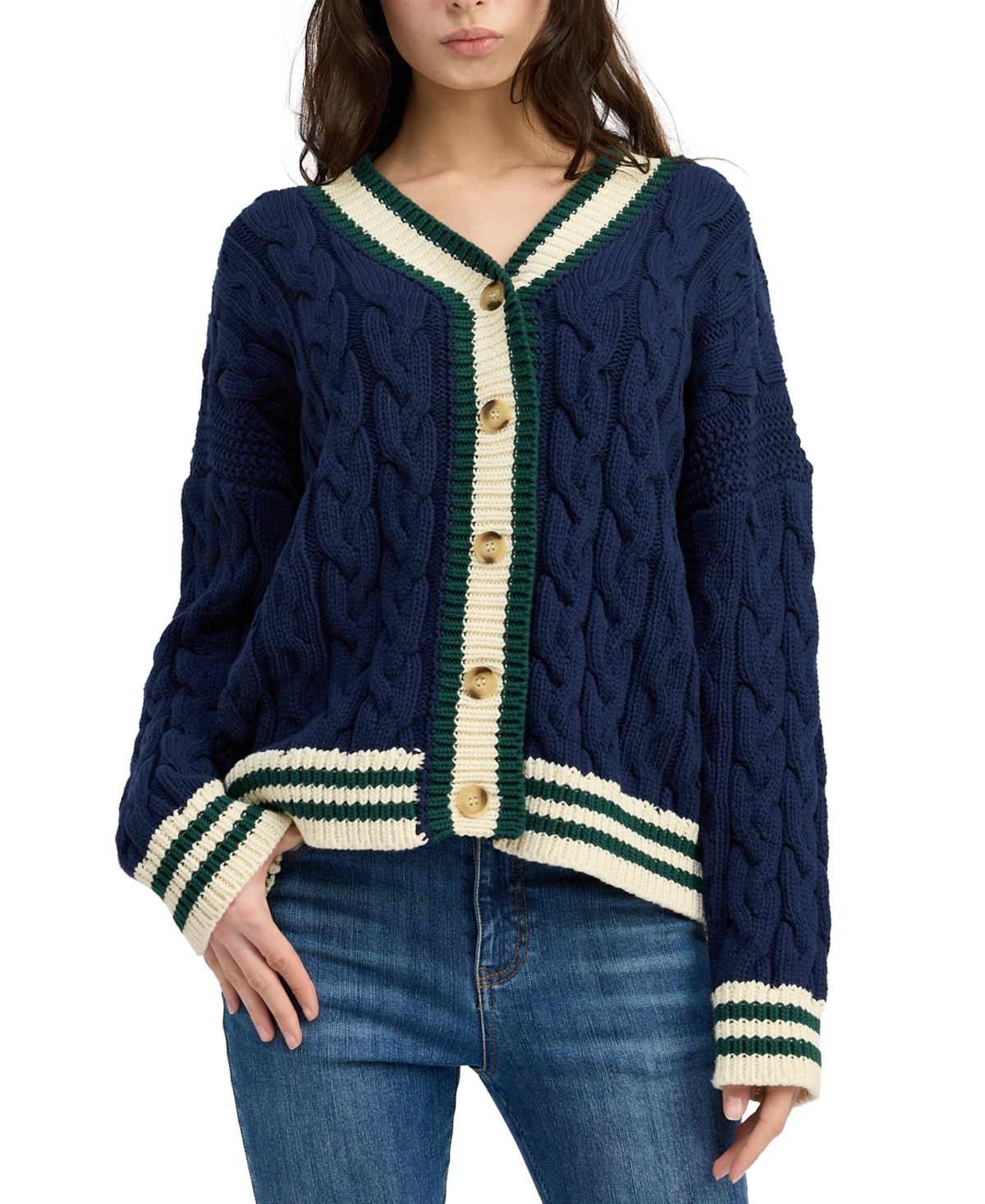 Women's Spencer Cable Knit Cardigan - Navy Green