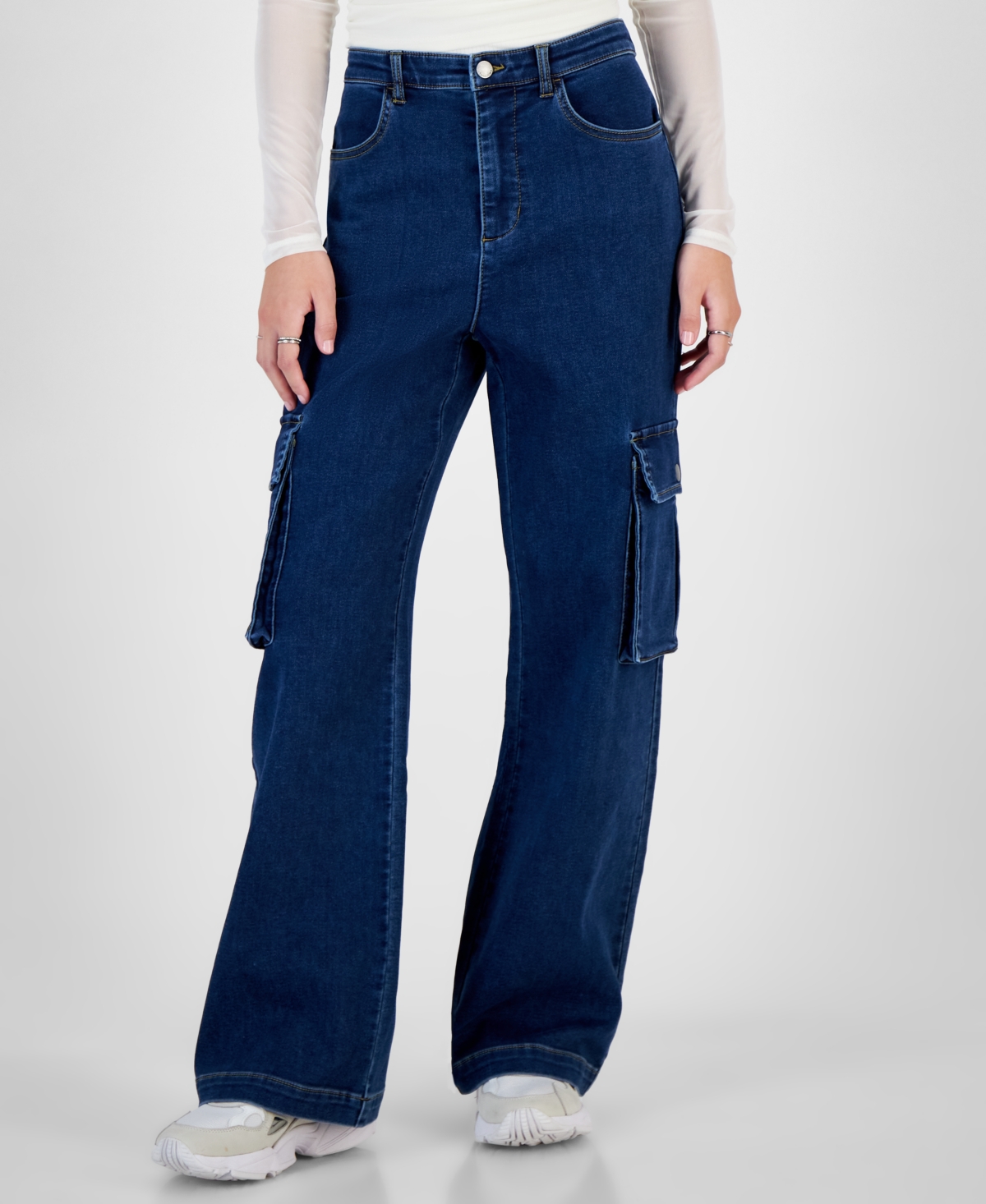 Tinseltown Juniors' Wide-leg Cozy Cargo Jeans In Dark Wash