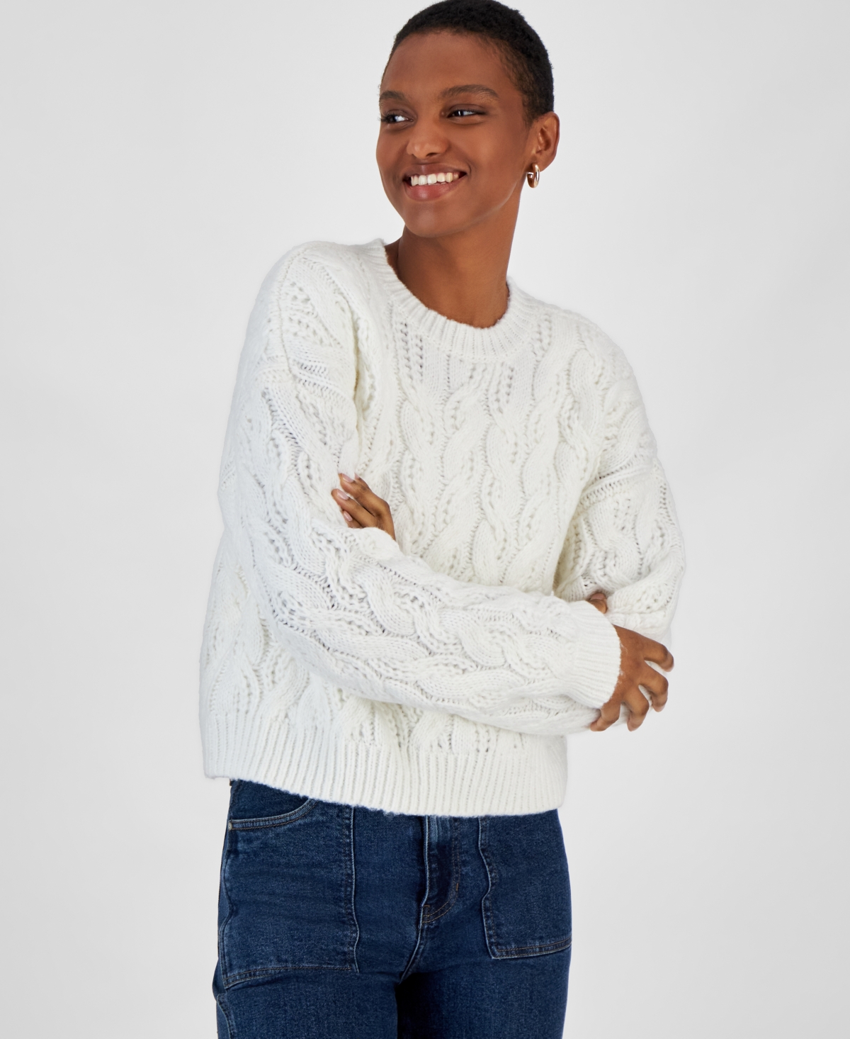Women's Cable Knit Crewneck Sweater, Created for Macy's - Casual Grey Heather
