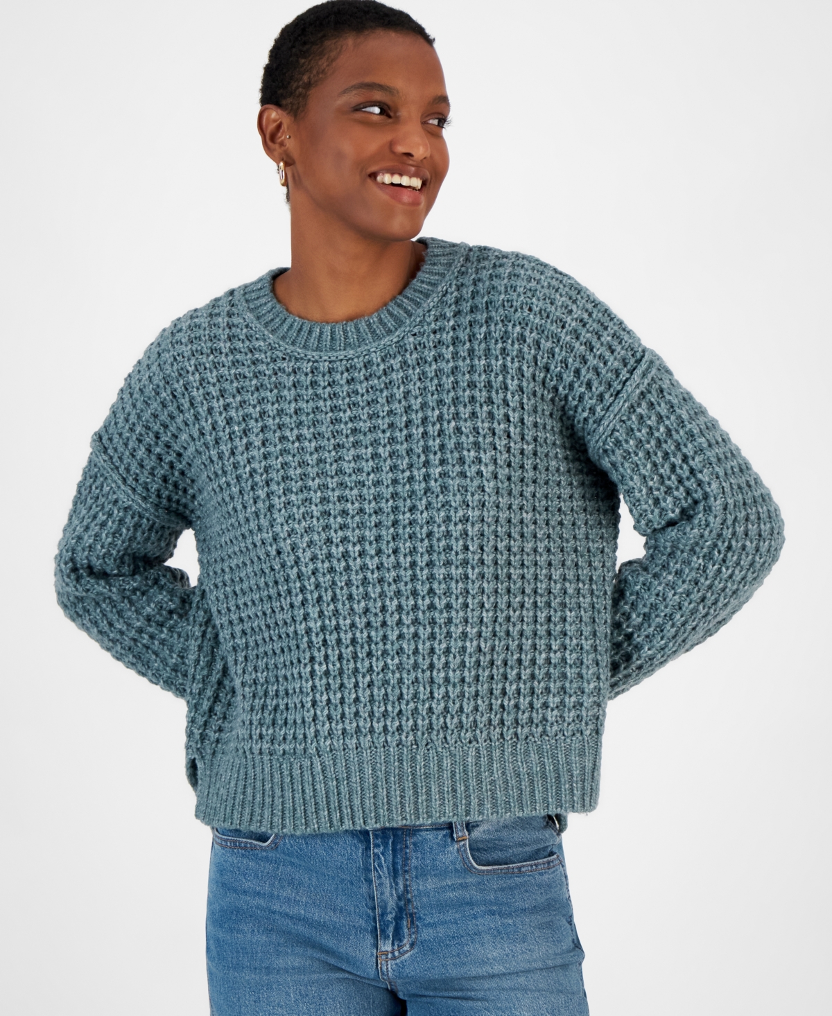 Waffle knit crewneck sweater cheap