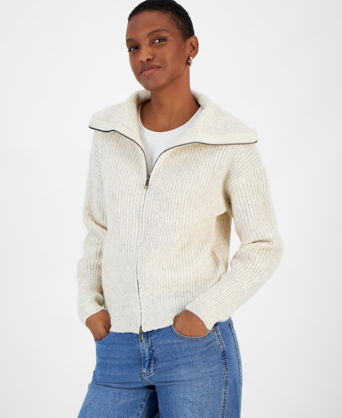 And Now This Women's Sailor-collar Zip-front Sweater, Created For Macy's In Light Sand Heather