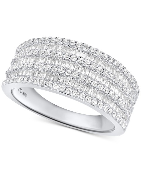 Украшения Macy's Diamond Round & Baguette Multirow Statement Ring (1 ct. t.w.) in Sterling Silver
