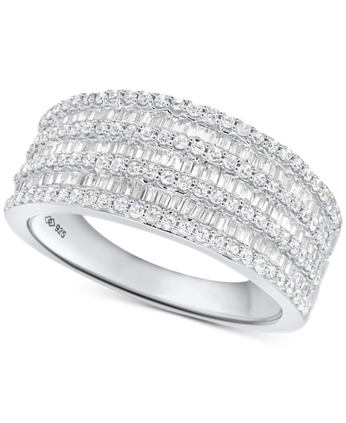 Diamond Round & Baguette Multirow Statement Ring (1 ct. t.w.) in Sterling