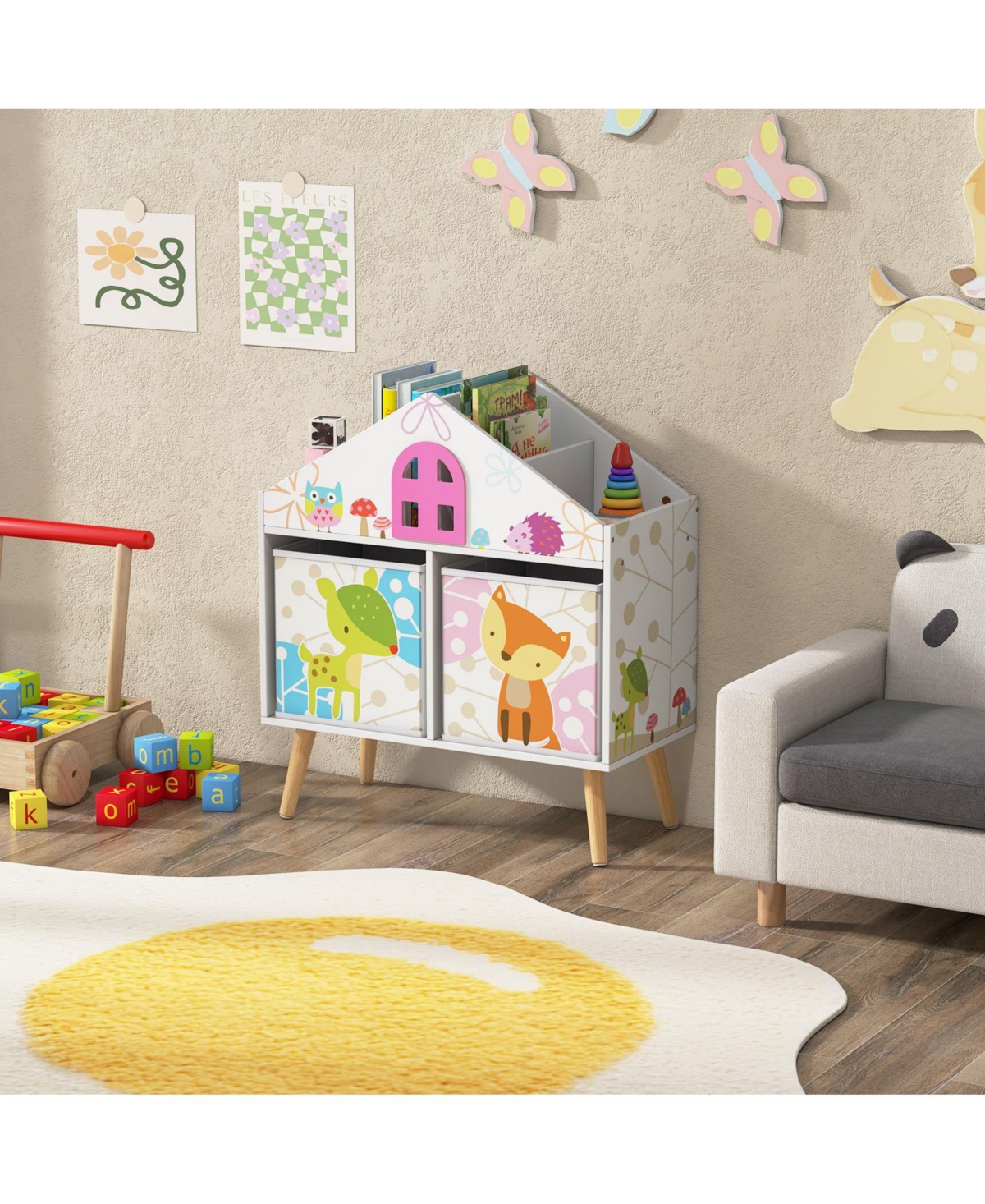 Sugift Kids House-shaped Bookshelf with 2 Storage Bins for Kids Room Playroom- White