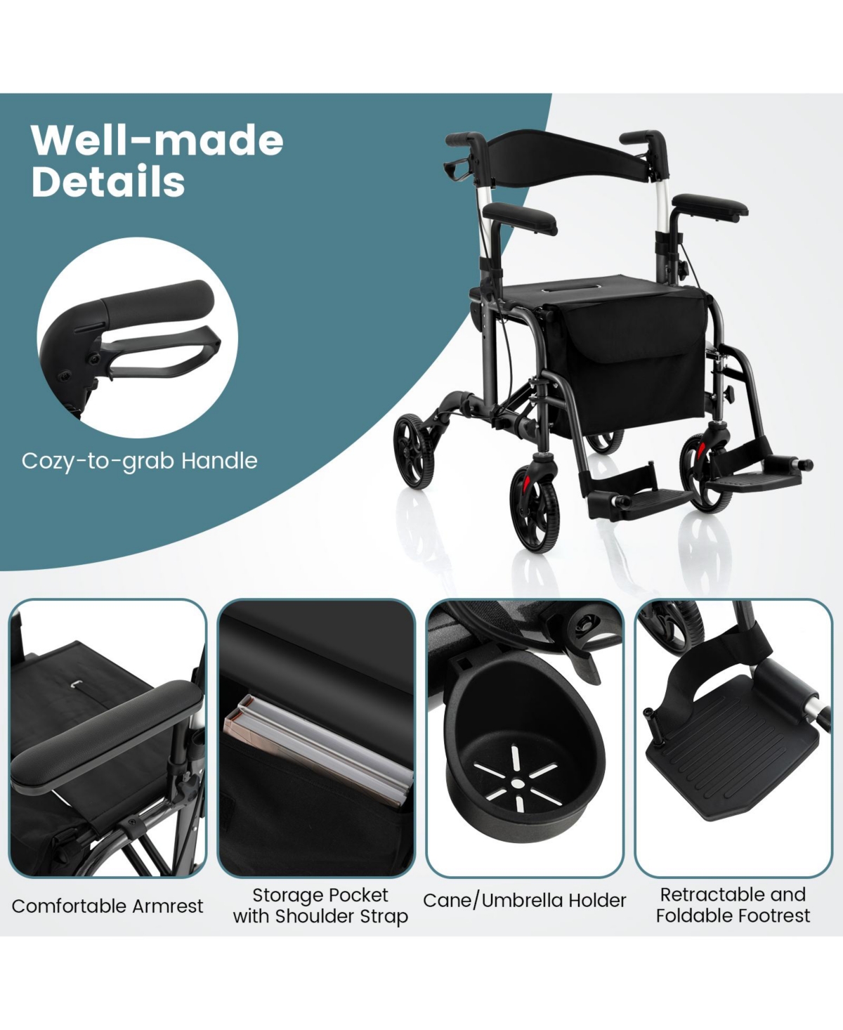 Sugift Folding Rollator Walker with Seat and Wheels Supports up to lbs- Black