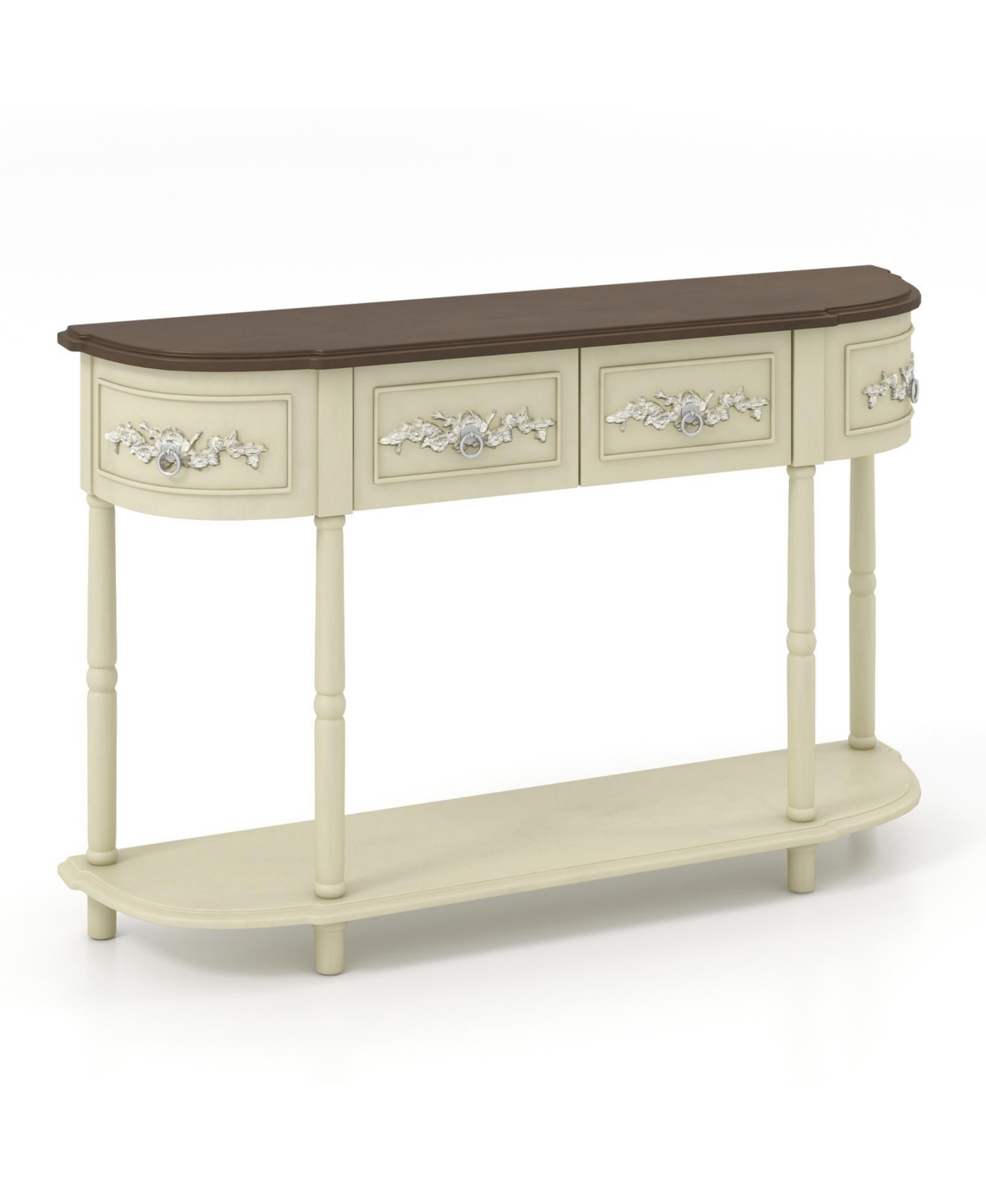 Sugift Retro Curved Console Table with Drawers and Solid Wood Legs- Beige