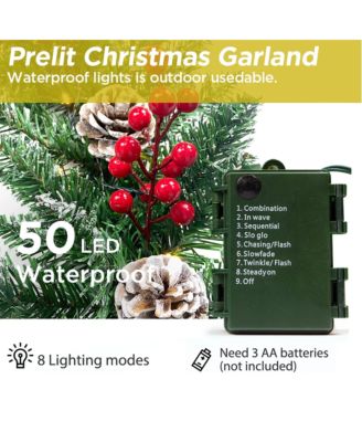 9ft Christmas Garland Battery Operated Waterproof 50 Light 220 Branches Pine Cones and Berries
