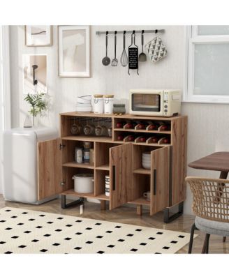 Home Wine Bar Cabinet w/ 3 Doors & Adjustable Shelves 2-tier Wine Rack Sideboard