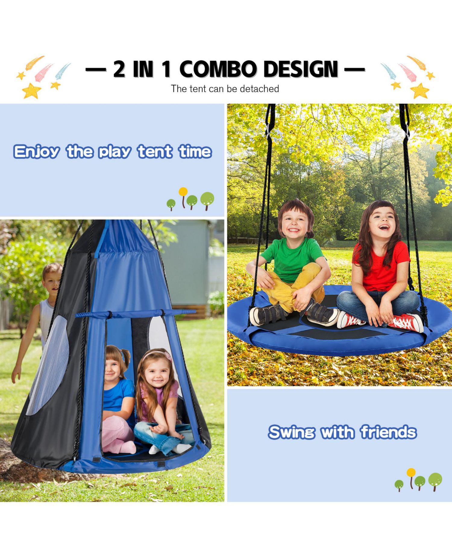 Kids 2-in-1 40 Inch Hanging Chair Detachable Swing Tent