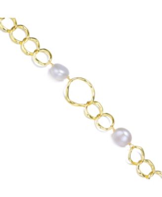 Sterling Silver 14k Gold Plating with Genuine Freshwater Pearl Chain Bracelet