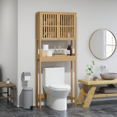 Over the Toilet Storage Cabinet with Slatted Doors, Adjustable Shelf