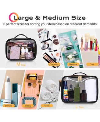 Set of 2 Clear Makeup Bag Cosmetic Organizer Travel Toiletry Pouch Handle Zipper for Makeup Artist Pink