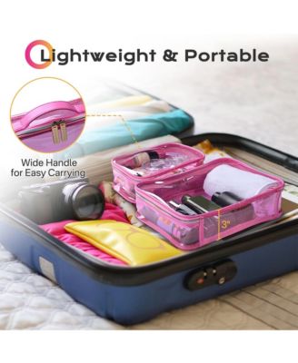 Set of 2 Clear Makeup Bag Cosmetic Organizer Travel Toiletry Pouch Handle Zipper for Makeup Artist Pink