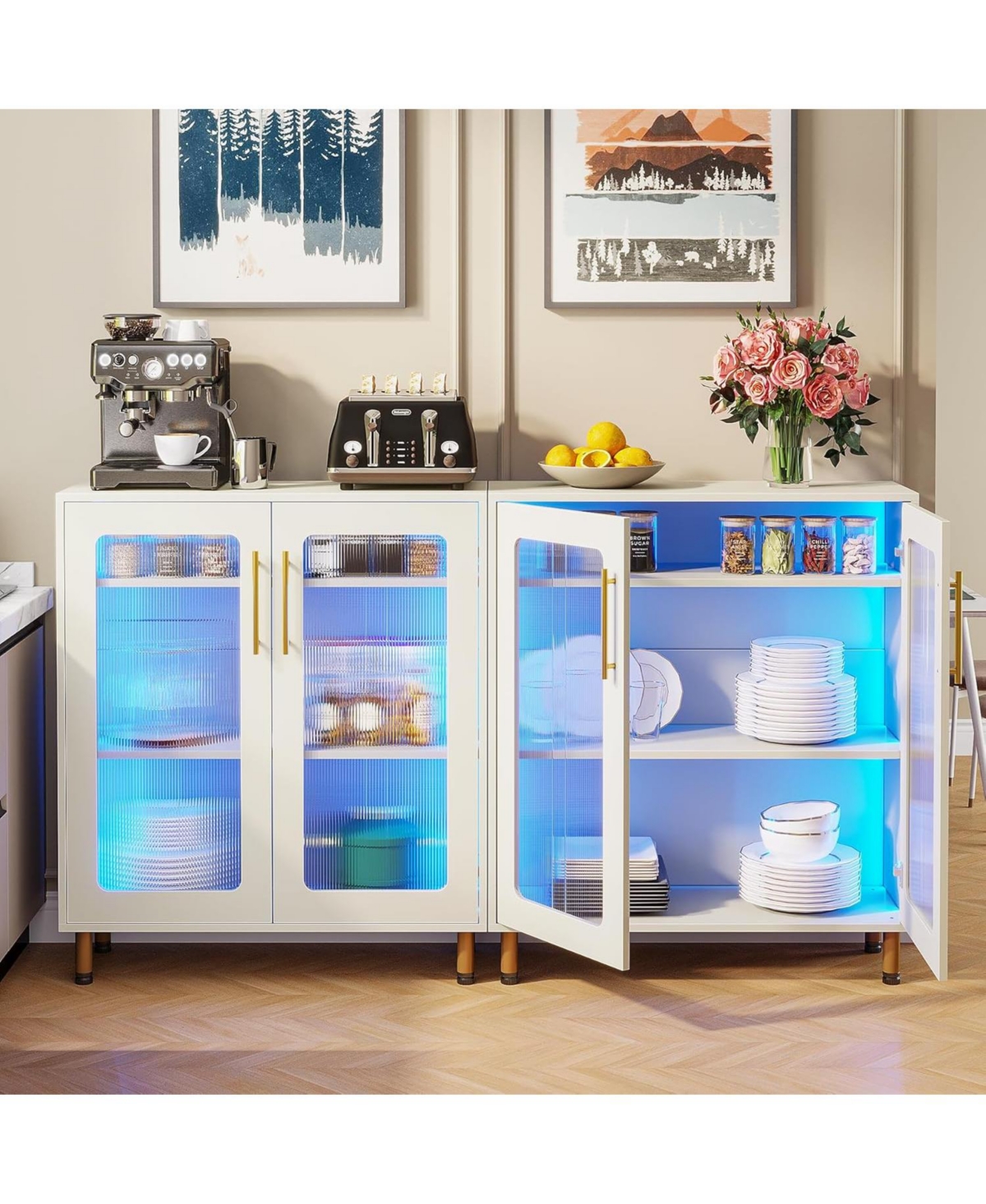 Tribesigns Set of 2 Buffet Cabinet with Storage, Modern Kitchen Accent Cabinet with Acrylic Doors and Led Light - White  gold