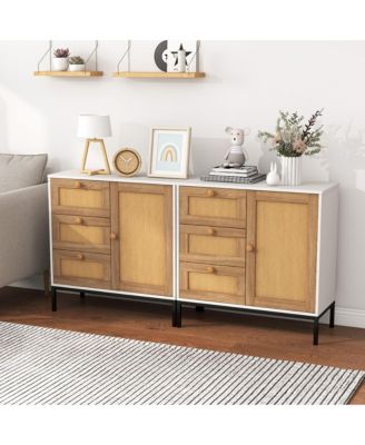 Set of 2 Rattan Sideboard Buffet Cabinet Accent Cabinet w/ 1 Door & 3 Drawers