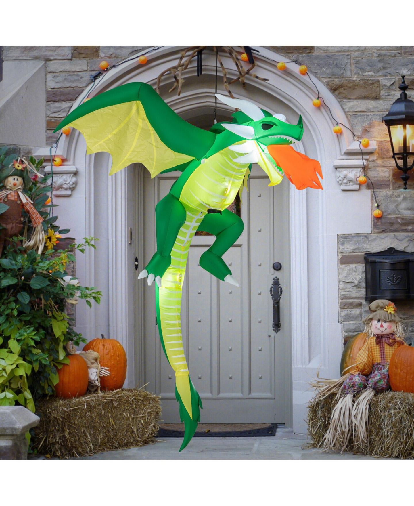 Детская игрушка VEBREDA 5 Feet Hanging Halloween Inflatable Dragon with Waterproof Polyester Fabric, Stakes and Ropes for Yard, цвет: Зелёный — фото 9