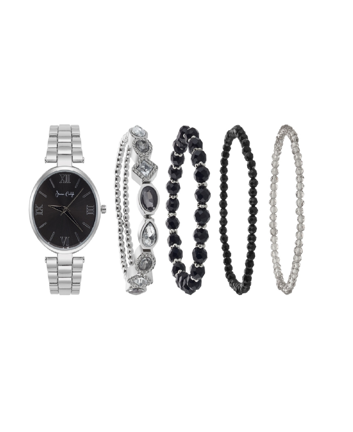 Women's Analog Shiny Silver-Tone Metal Strap Watch 34mm 5 Pieces Bracelet Gift Set - Black, Silver