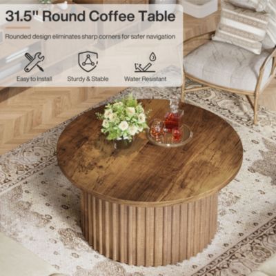 31.5" Round Coffee Table, Farmhouse Circle Coffee Table with Metal Base, Modern Wood Accent Center Table Sofa Side Table for Living Room, Home Office, Wood Grain Veneer Top