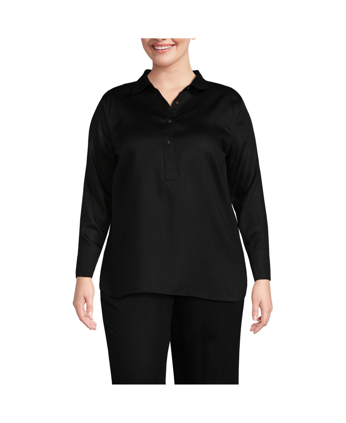 Plus Size Twill Tencel Fiber Popover Shirt - Black