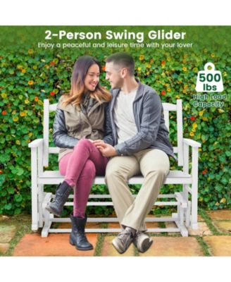 2 Seats Outdoor Glider Bench with Armrests and Slatted Seat-White