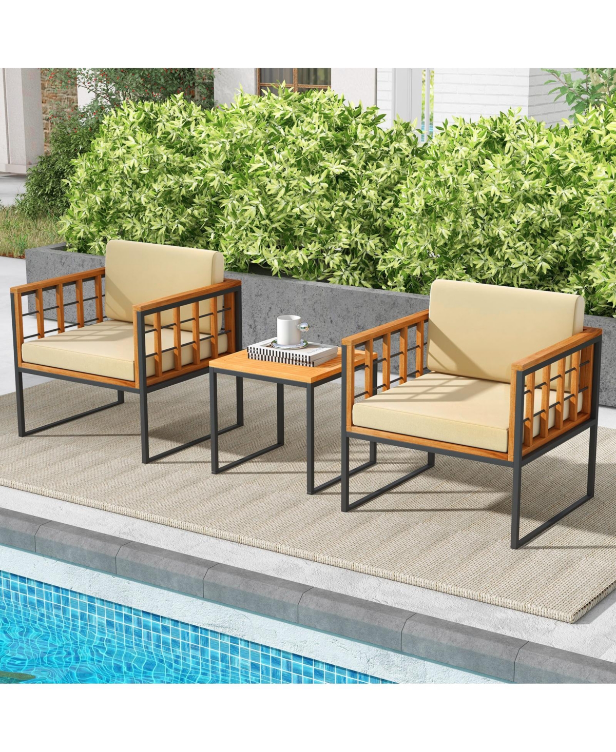 Givimo 3 Pieces Patio Chair Set Acacia Wood Outdoor Sofa Set with Soft Cushions- Beige