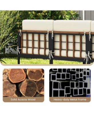 6 Pieces Acacia Wood Patio Furniture Set with Coffee Table and Ottomans-Beige