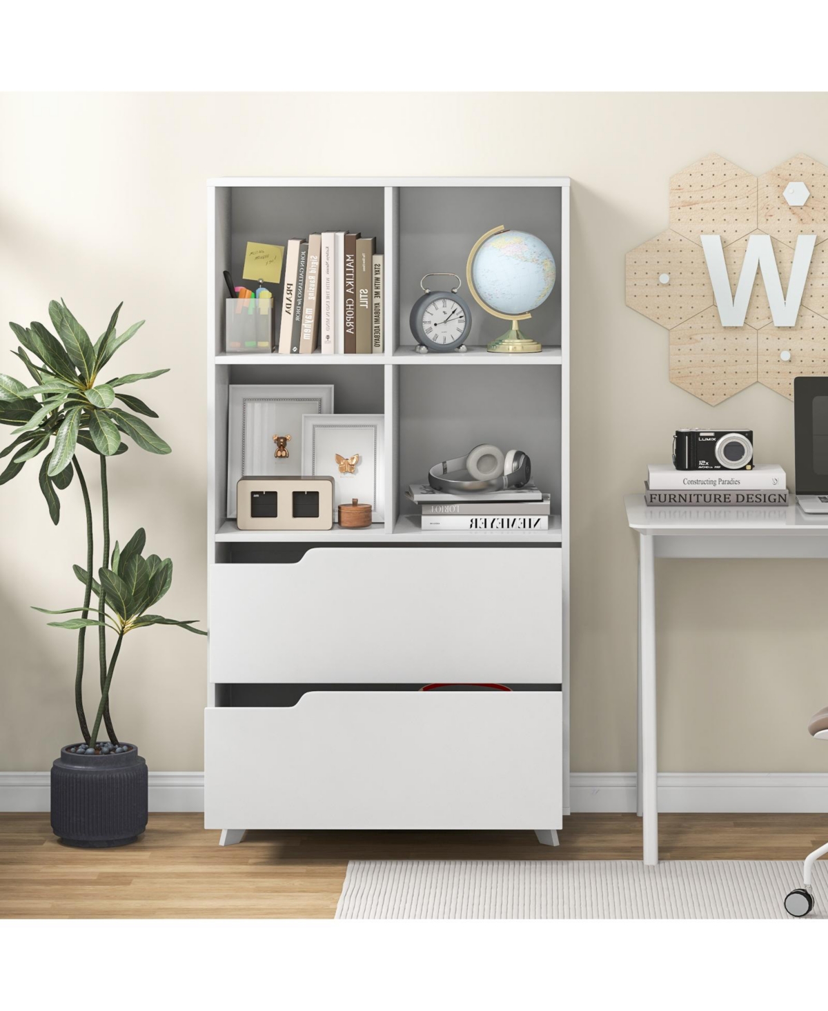 Sugift 4-Tier Open Bookcase with 2 Drawers and 4 Storage Cubes-White
