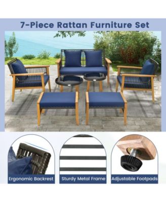 7 Piece Outdoor Conversation Set with Stable Acacia Wood Frame Cozy Seat & Back Cushions-Navy