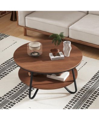 33.5 Inch Round Coffee Table with Wood Grain Finish and Heavy-duty Metal Frame-Walnut