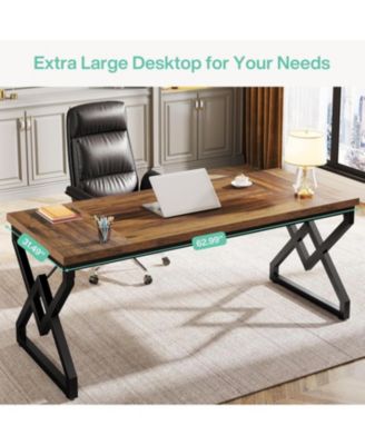 Executive Desk, Office Desk with Extra Thickened Wooden Tabletop and Metal Frame, Large 63 Inches Computer Desk Writing Table Study Desk for Home Office, Rustic Brown
