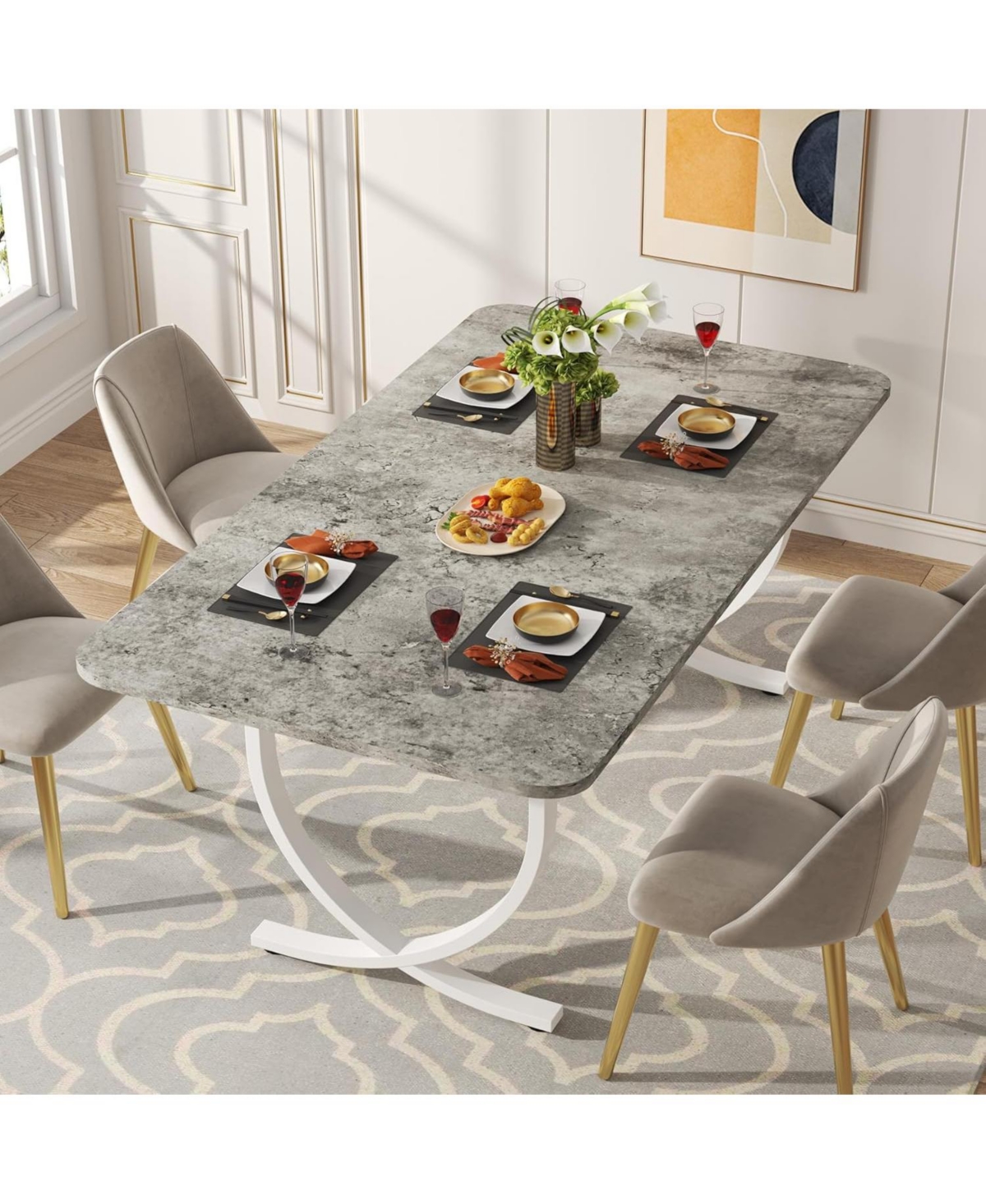 Tribesigns Rectangular Dining Table for 4, Inches Modern Kitchen Table with Faux Marble Table Top and Metal Legs for Dining Room, Kitchen - Grey an
