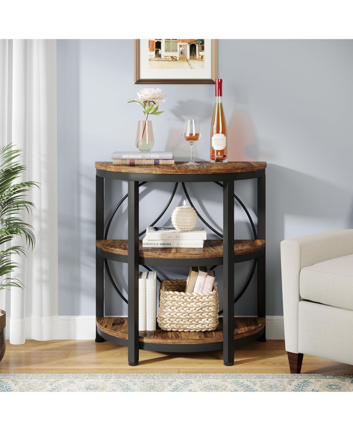 Tribesigns Half Round End Table, 3-Tier Narrow Side Table with Metal Frame, Half Circle Table, Half Moon Small Coffee Accent Table Bedside Table for L