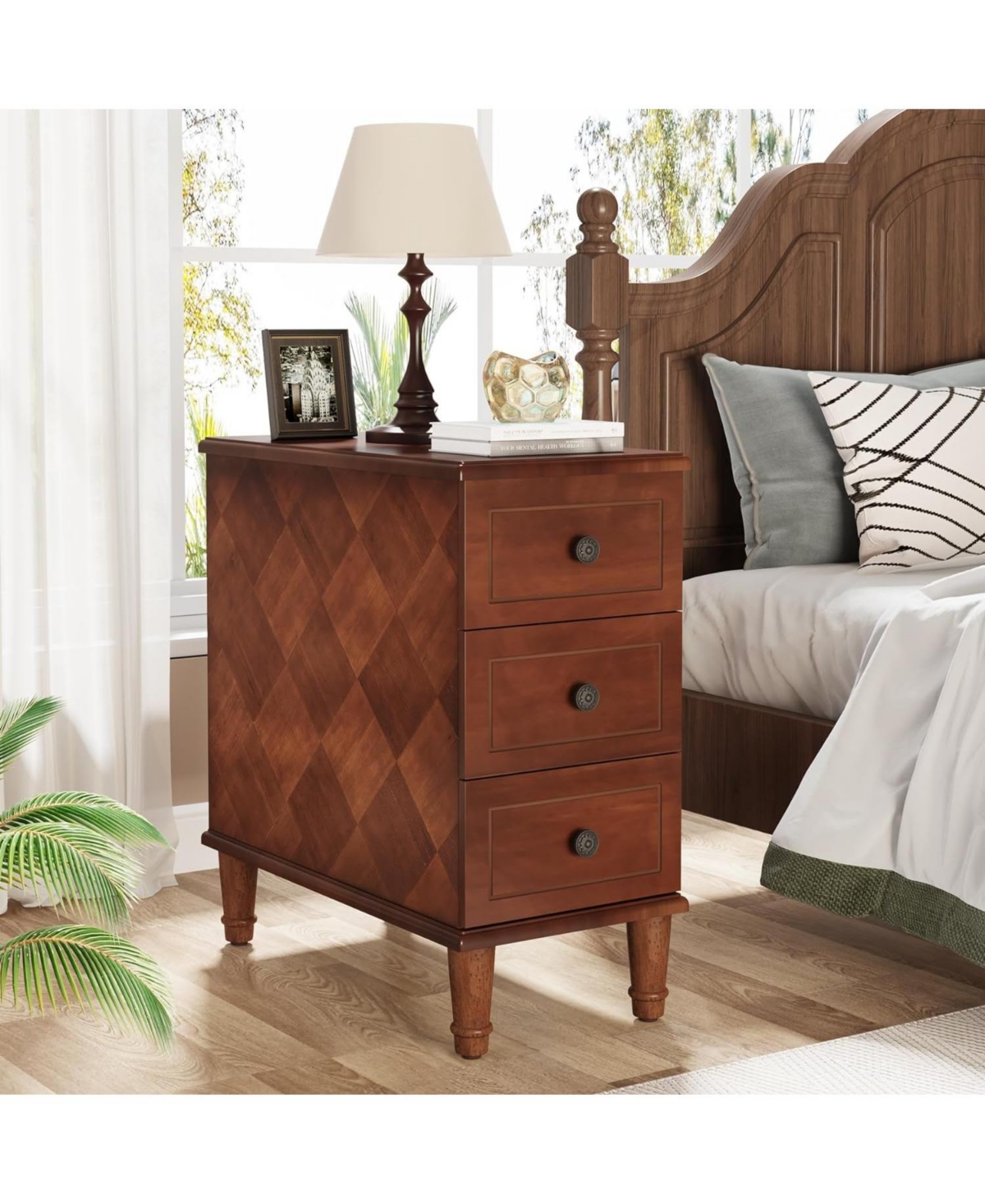 Tribesigns Solid Wood End Table, Fully Assembled Narrow Side Table with Drawers, Pre-Assembled Nightstand Slim Bedside Table for Spaces, Living