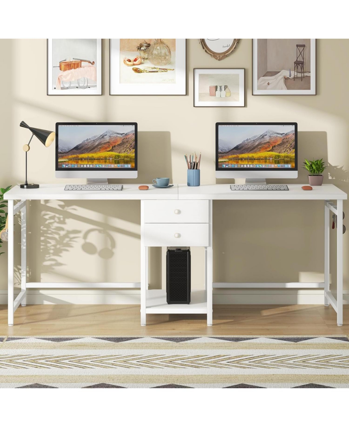 Tribesigns Extra Long Desk, Double Desk with 2 Drawers, Two Person Desk Long Computer Desk with Storage Shelves, Writing Table Study Desk for