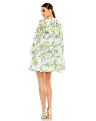 Women's Floral Print High Neck Ruffle Hem Cape Mini Dress