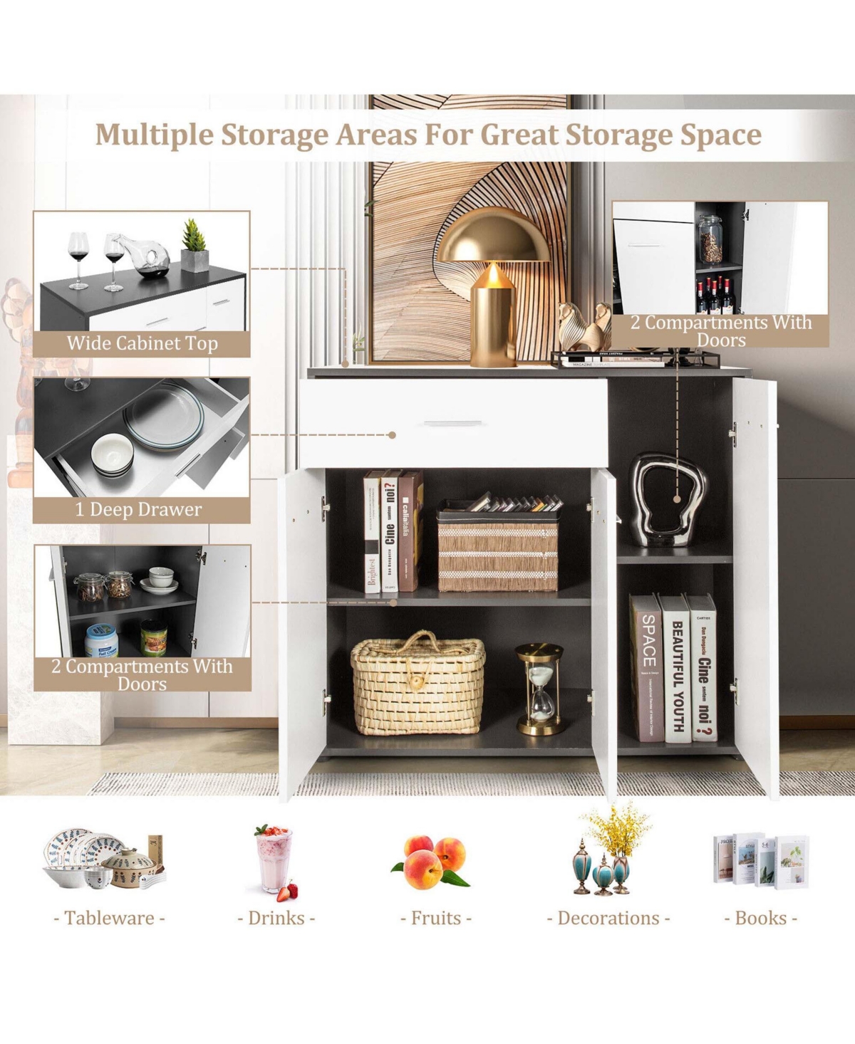 Gymax 3-Door Buffet Sideboard Kitchen Storage Cabinet Console Cupboard w/Drawer - Dark grey+white