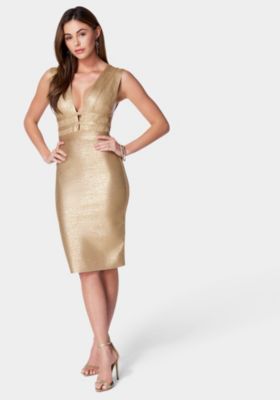 Women's Foiled Bandage Plunge Neck Midi Dress