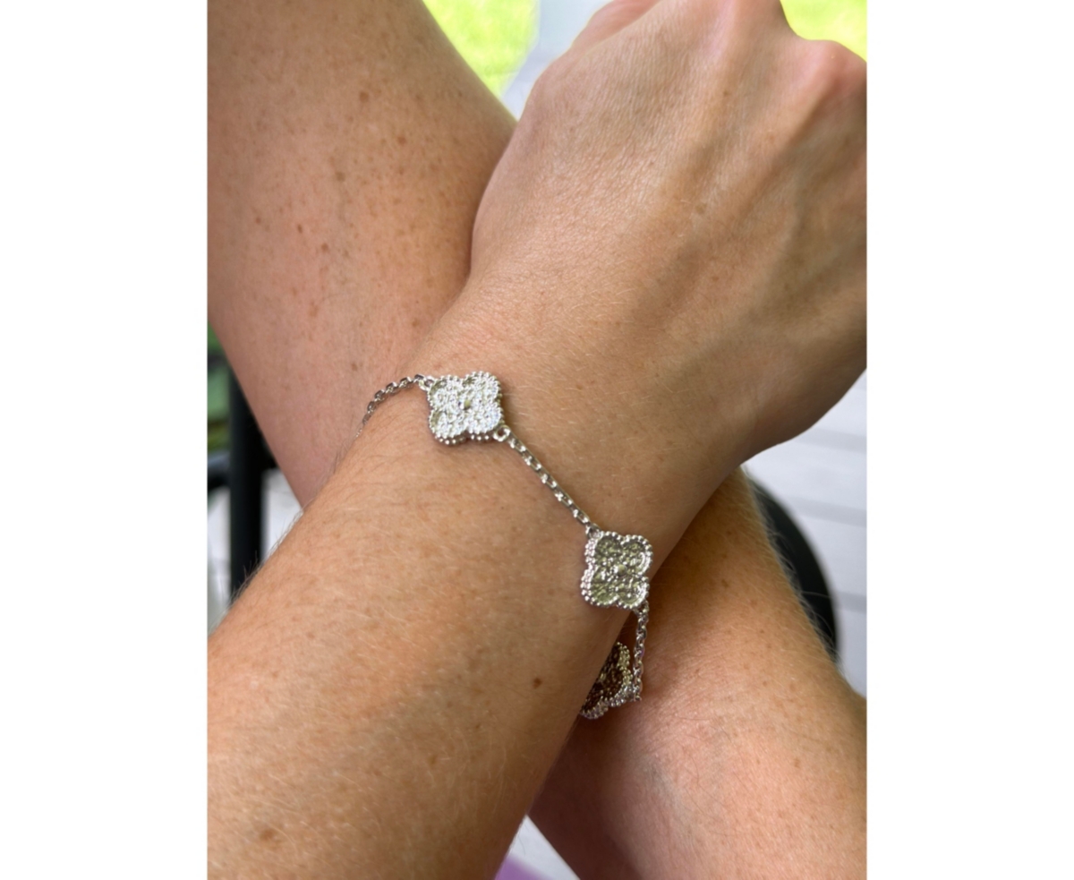 Rivka Friedman Rhodium Polished Clover Station Bracelet