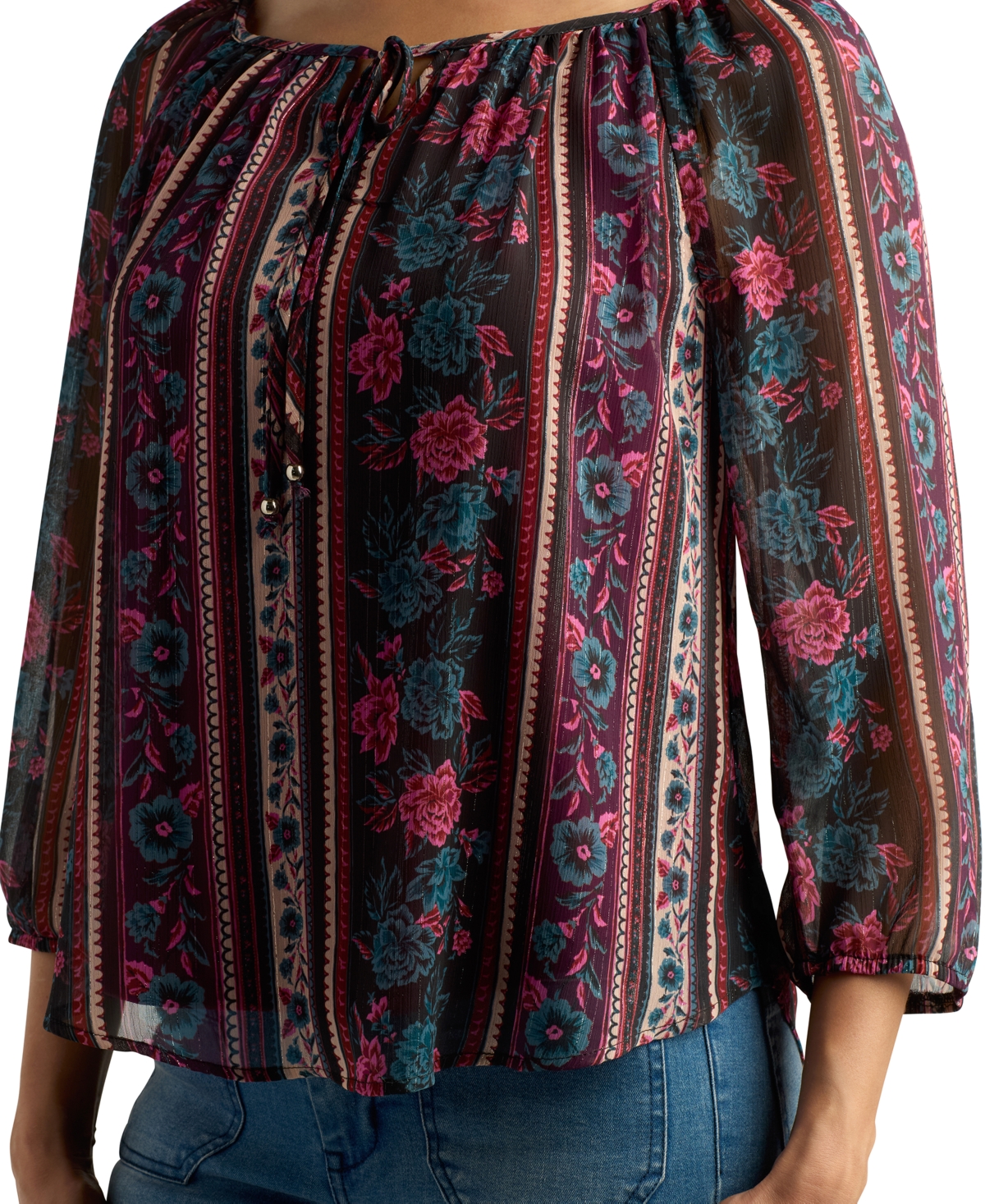 BCX JUNIORS' PRINTED ROUND-NECK 3/4-SLEEVE PEASANT BLOUSE 