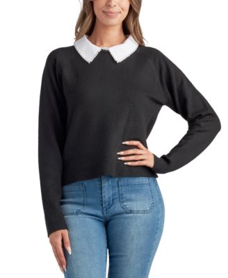 BCX - Juniors' Raglan-Sleeve Contrast-Collared Sweater