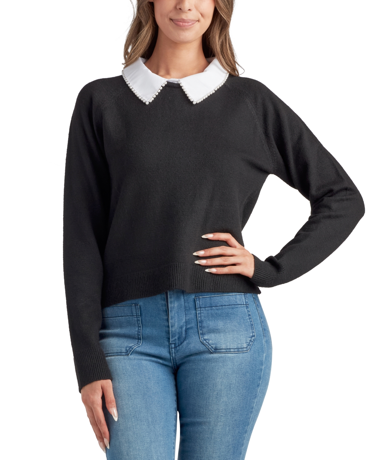Bcx Juniors' Raglan-sleeve Contrast-collared Sweater In Black
