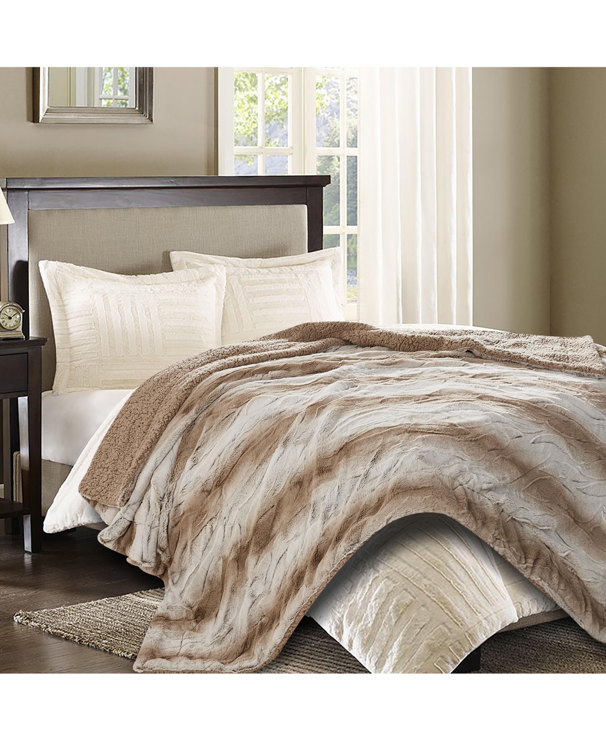 Chanasya Premium Faux Fur Ombre Throw Blanket - Super Soft, Lightweight Minky Blanket with Fuzzy Sherpa Side - Queen Size -- Brown