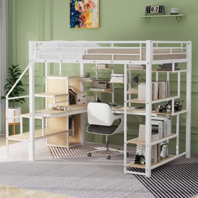  Metal Loft Bed with Staircase, Wardrobe, Desk, & Shelves