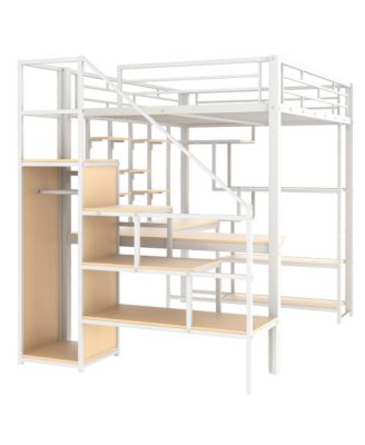  Metal Loft Bed with Staircase, Wardrobe, Desk, & Shelves