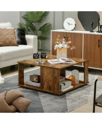 2 Tiers Square Coffee Table with Storage and Non-Slip Foot Pads-Rustic Brown