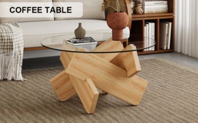 Streamdale Modern Circular Glass Coffee Table with Wood Legs