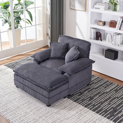  56.3" Corduroy Sofa with Toss Pillows and Ottoman